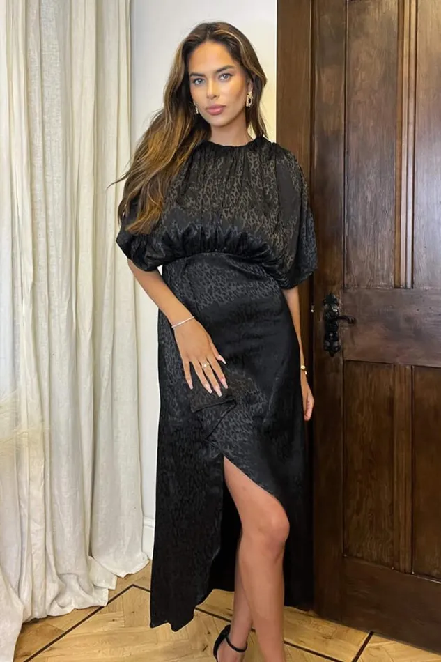 AX Paris Black Animal Print Batwing Gathered Top Midi Dress Dresses