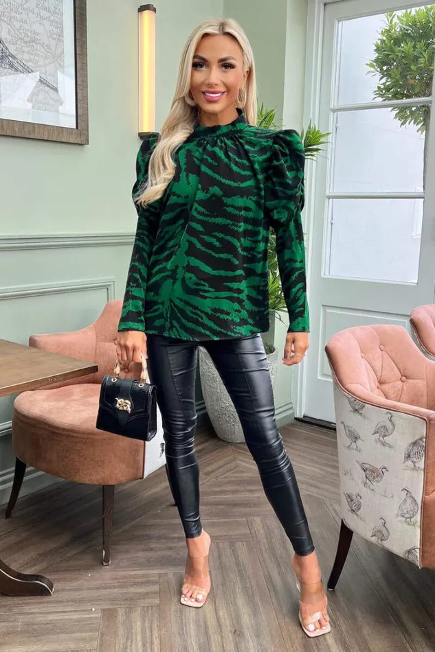 AX Paris Green Printed High Neck Long Puff Sleeve Top Tops