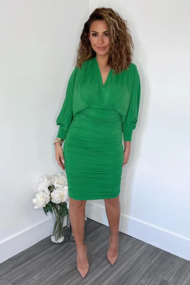 AX Paris Green Ruched Bat Wing Sleeve Midi Dress Dresses