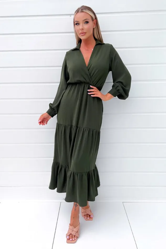 AX Paris Olive Long Sleeve Wrap Top Smock Midi Dress Dresses