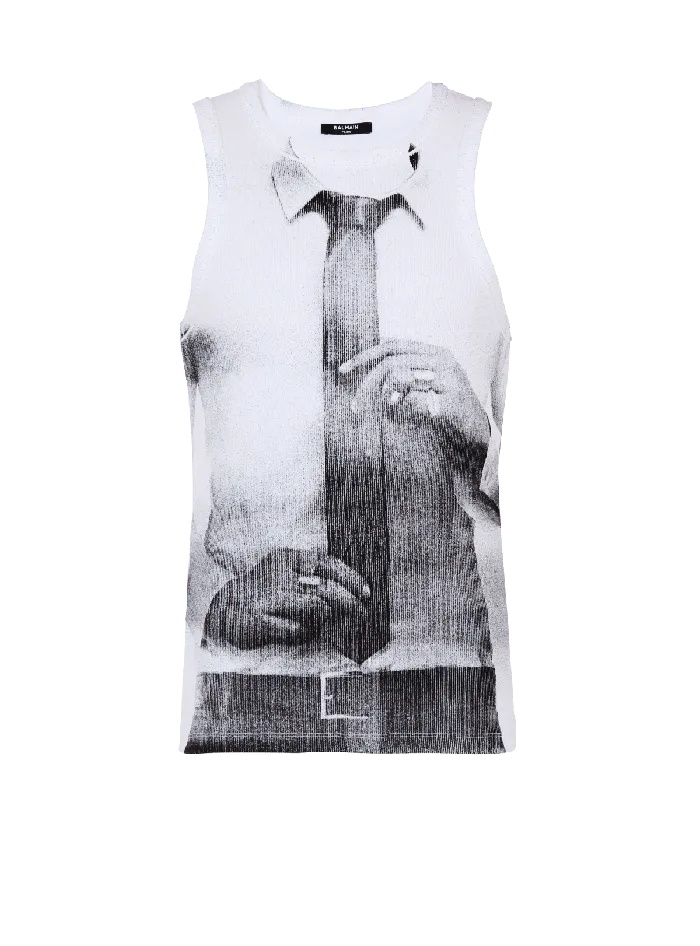 Balmain TShirts Men Ribbed Tank Top With Tie Print White