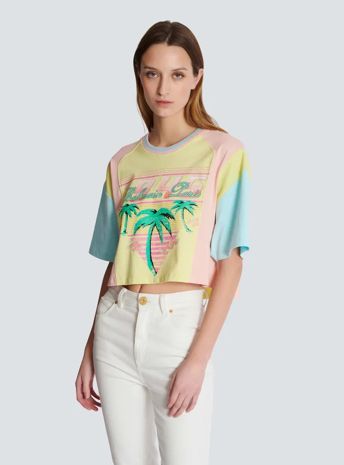 Balmain TShirts Women Tshirt With Palm Tree Signature Print Multicolor