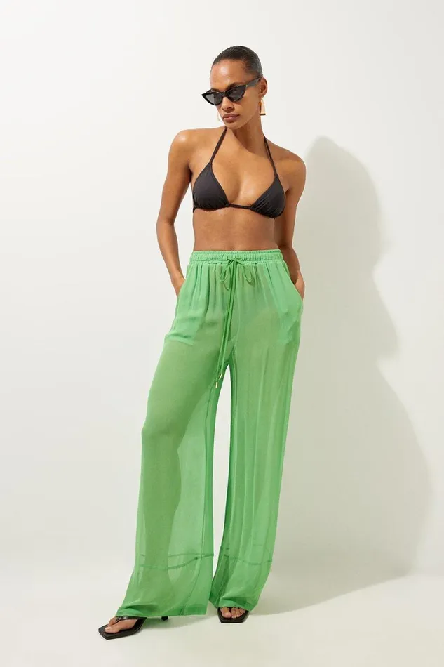 Beachwear Women Karen Millen Wide Leg Woven Beach Trousers Green