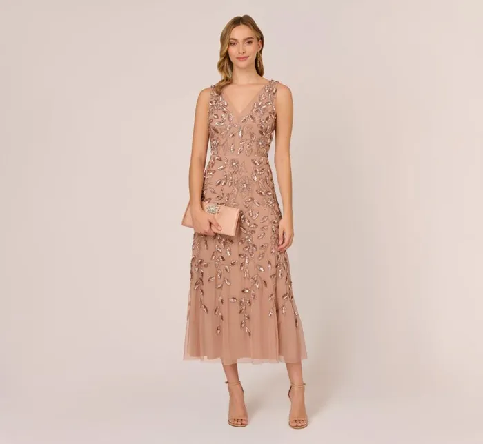 Beaded Dresses Womens Adrianna Papell Floral Beaded Ankle Length Sleeveless Gown In Rose Gold