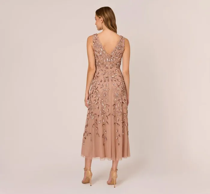 Beaded Dresses Womens Adrianna Papell Floral Beaded Ankle Length Sleeveless Gown In Rose Gold