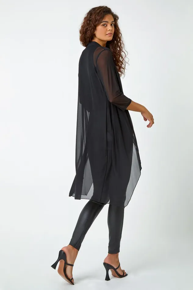 Black 34 Sleeve Mesh Longline Kimono Women Roman Tops