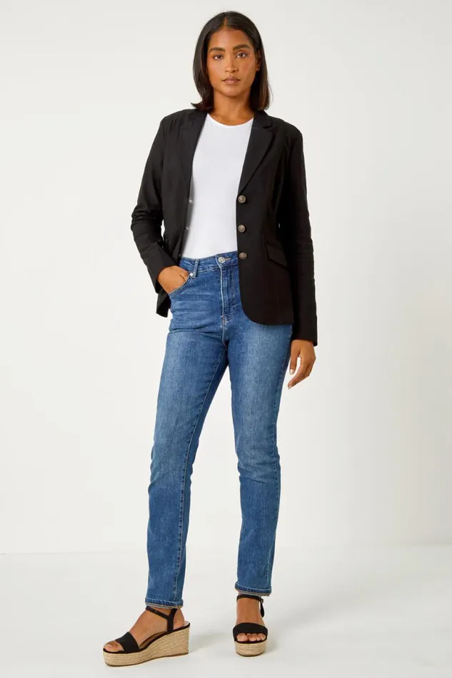 Black Button Detail Stretch Blazer Women Roman Occasionwear