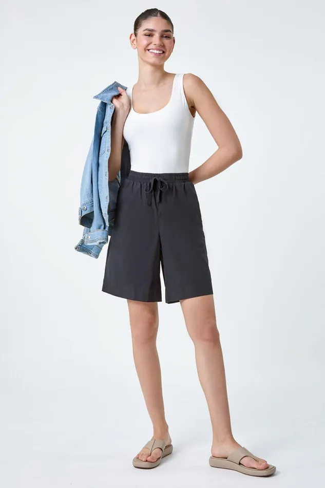 Black Cotton Elastic Waist Tie Detail Pocket Shorts Women Roman Trousers