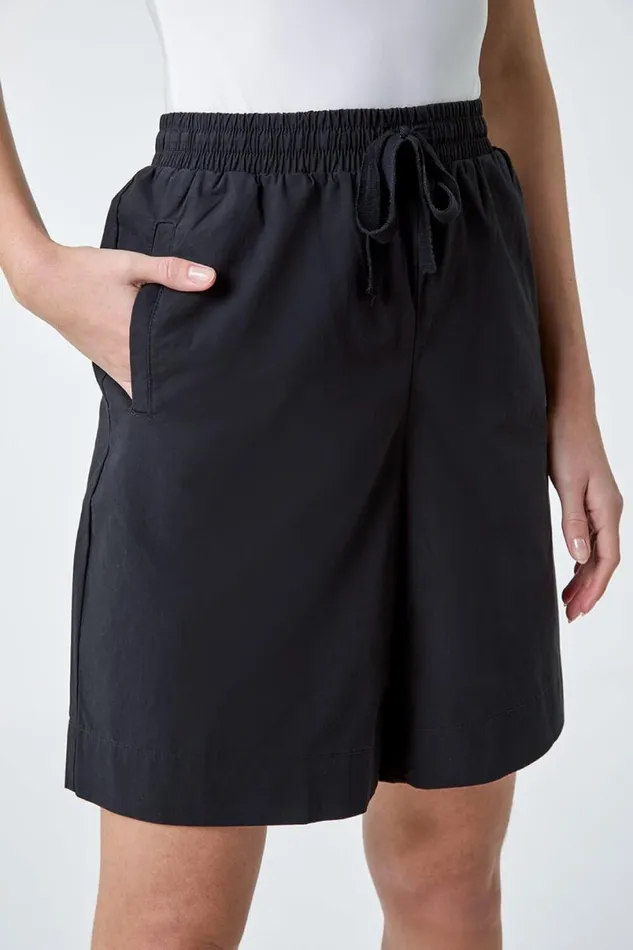 Black Cotton Elastic Waist Tie Detail Pocket Shorts Women Roman Trousers