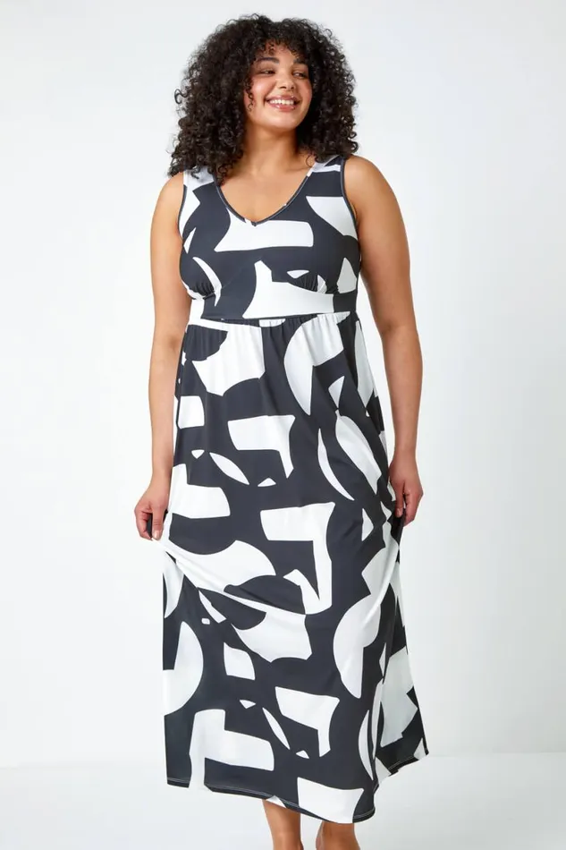 Black Curve Abstract Print Maxi Stretch Dress Women Roman Dresses