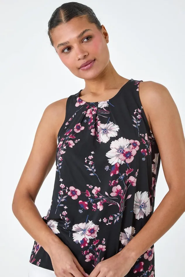 Black Floral Print Keyhole Vest Top Women Roman Tops
