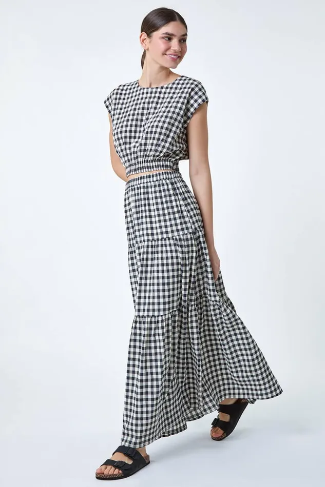 Black Gingham Check Tiered Maxi Skirt Women Roman Skirts