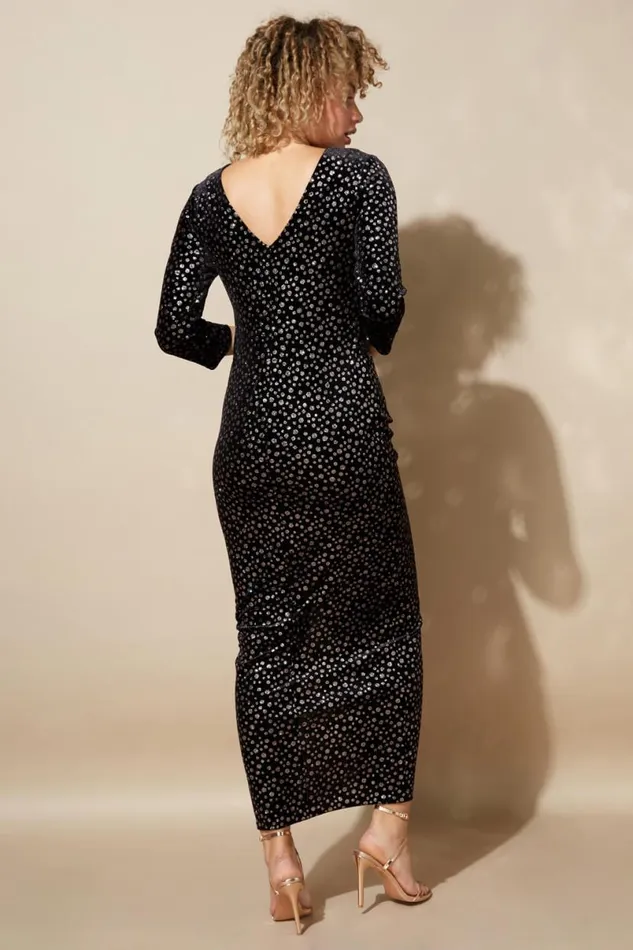 Black Glitter Spot Side Split Maxi Dress Women Roman Dresses