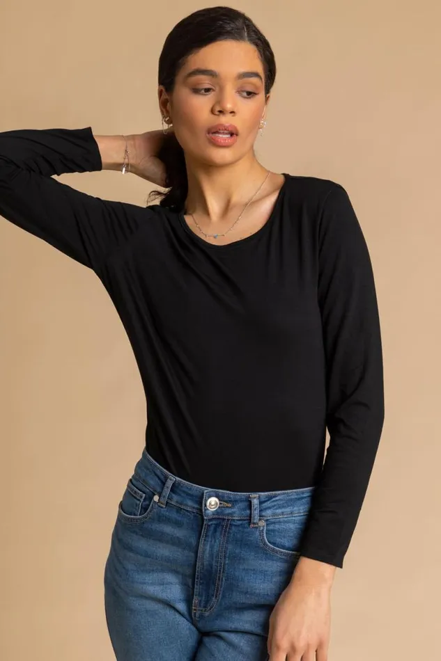 Black Long Sleeve Crew Neck TShirt Women Roman Tops