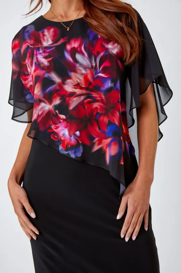 Black Petite Floral Chiffon Overlay Asymmetric Dress Women Roman Dresses