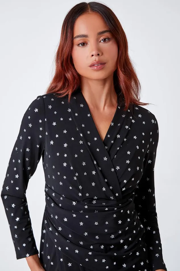 Black Petite Shimmer Star Bodycon Midi Dress Women Roman Dresses