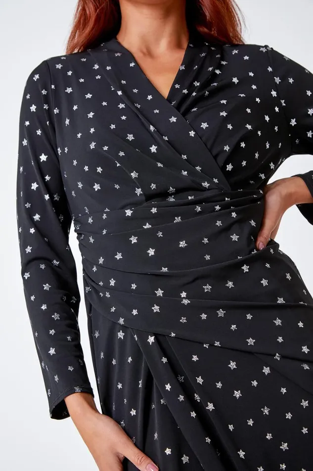 Black Petite Shimmer Star Bodycon Midi Dress Women Roman Dresses
