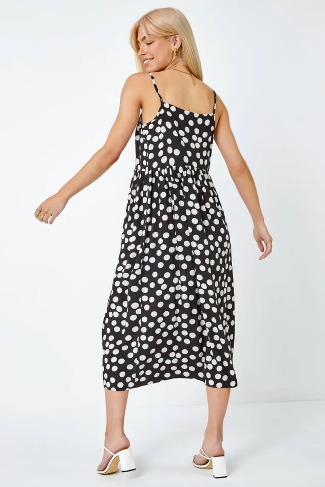 Black Sleeveless Polka Dot Print Midi Dress Women Roman Dresses