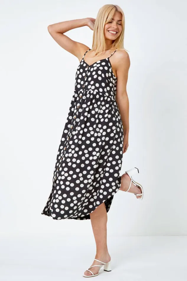 Black Sleeveless Polka Dot Print Midi Dress Women Roman Dresses