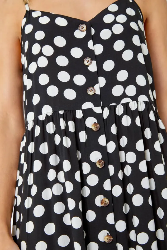 Black Sleeveless Polka Dot Print Midi Dress Women Roman Dresses