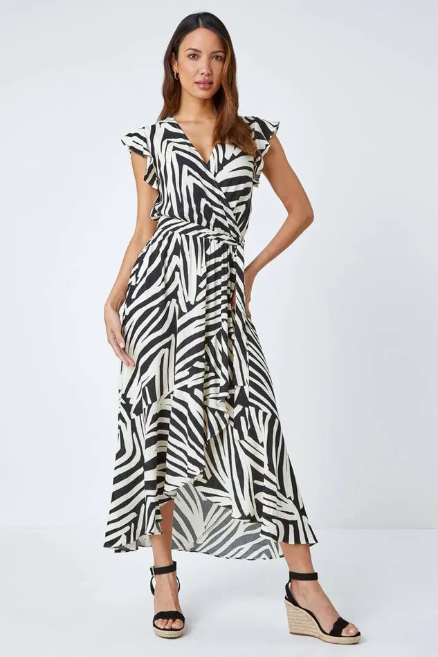 Black Zebra Print Maxi Wrap Dress Women Roman Dresses