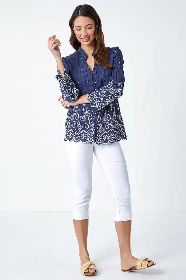 Blue Cotton Paisley Embroidered VNeck Blouse Women Roman Tops