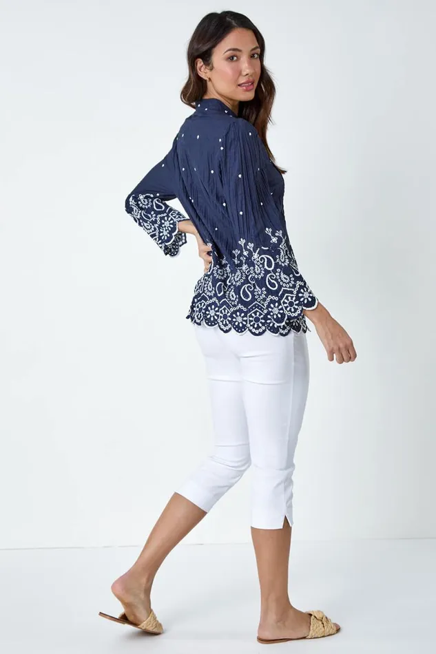 Blue Cotton Paisley Embroidered VNeck Blouse Women Roman Tops