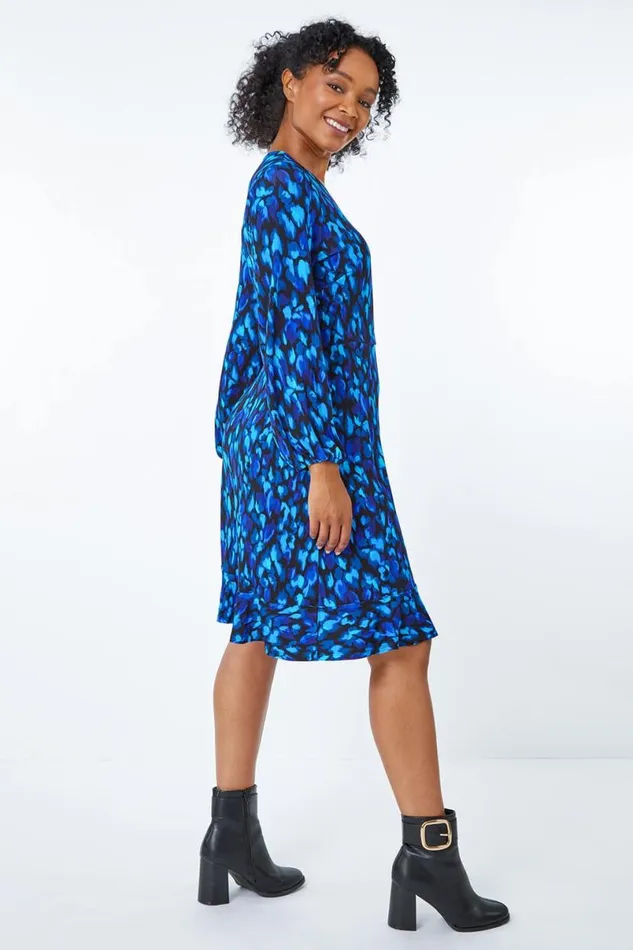 Blue Petite Animal Print Wrap Dress Women Roman Dresses