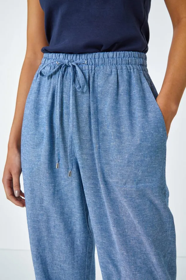 Blue Petite Linen Mix Wide Leg Trousers Women Roman Trousers