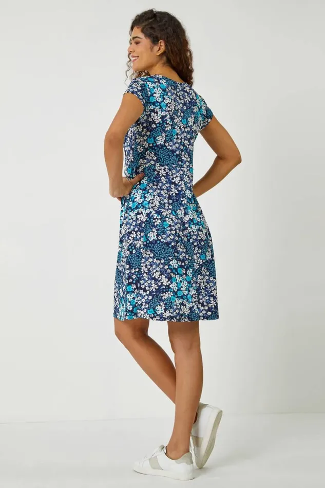 Blue Textured Floral Print Tea Dress Women Roman Dresses