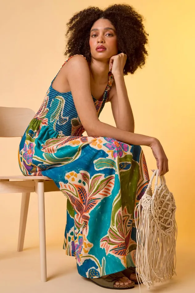 Blue Tropical Leaf Shirred Bodice Midi Dress Women Roman Dresses