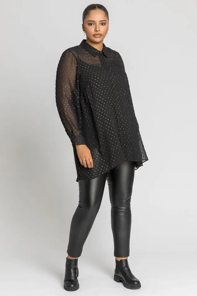 Bronze Curve Textured Spot Shimmer Blouse Women Roman Tops