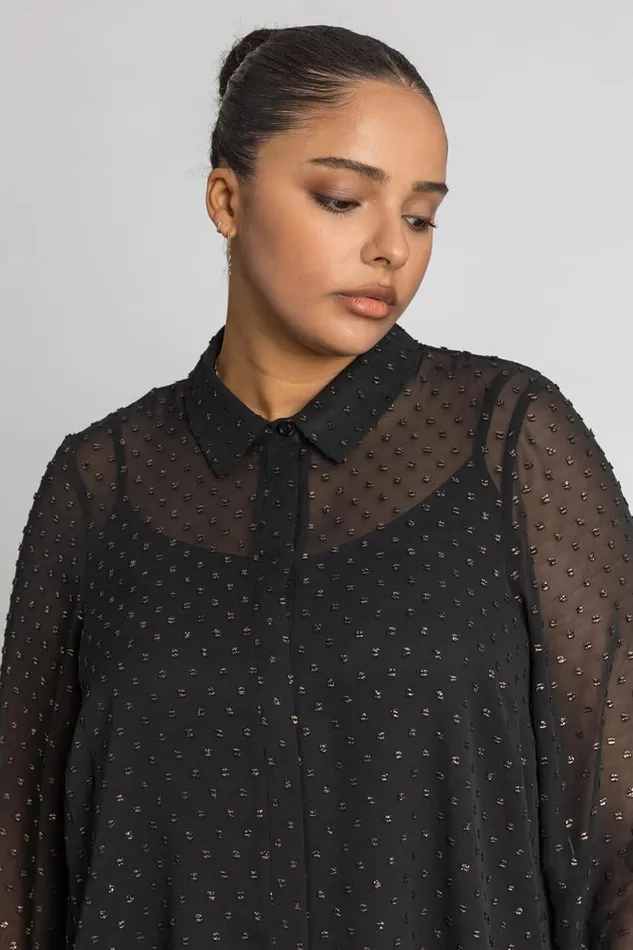 Bronze Curve Textured Spot Shimmer Blouse Women Roman Tops