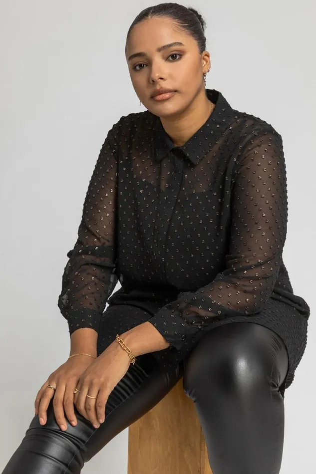 Bronze Curve Textured Spot Shimmer Blouse Women Roman Tops