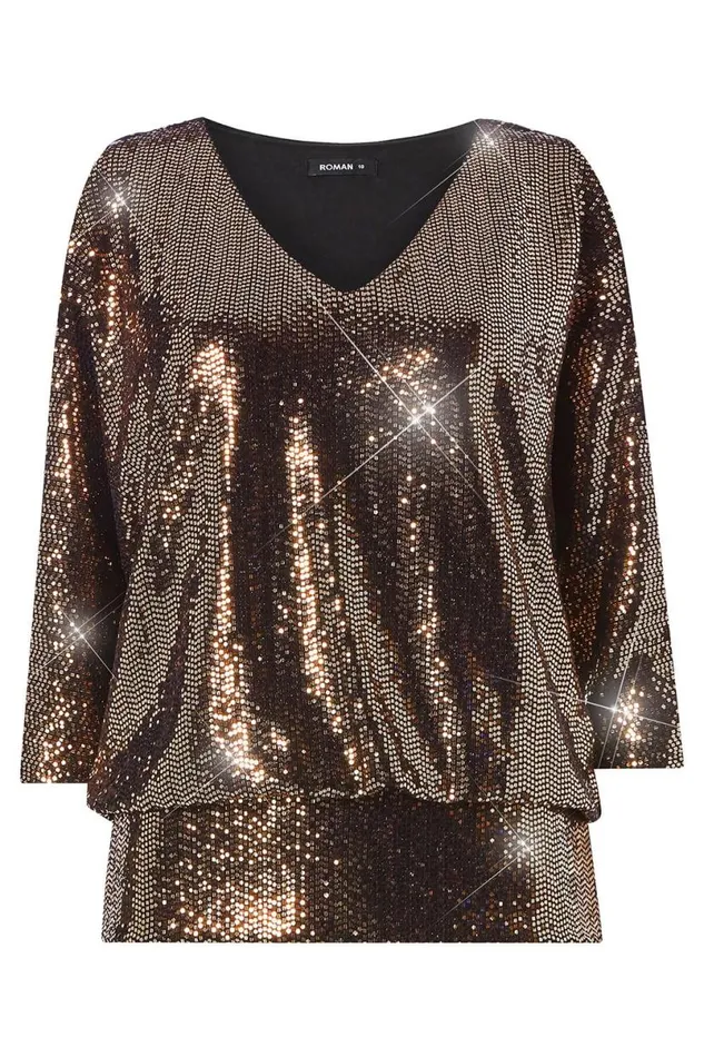 Bronze Sparkle Cold Shoulder Blouson Top Women Roman Tops