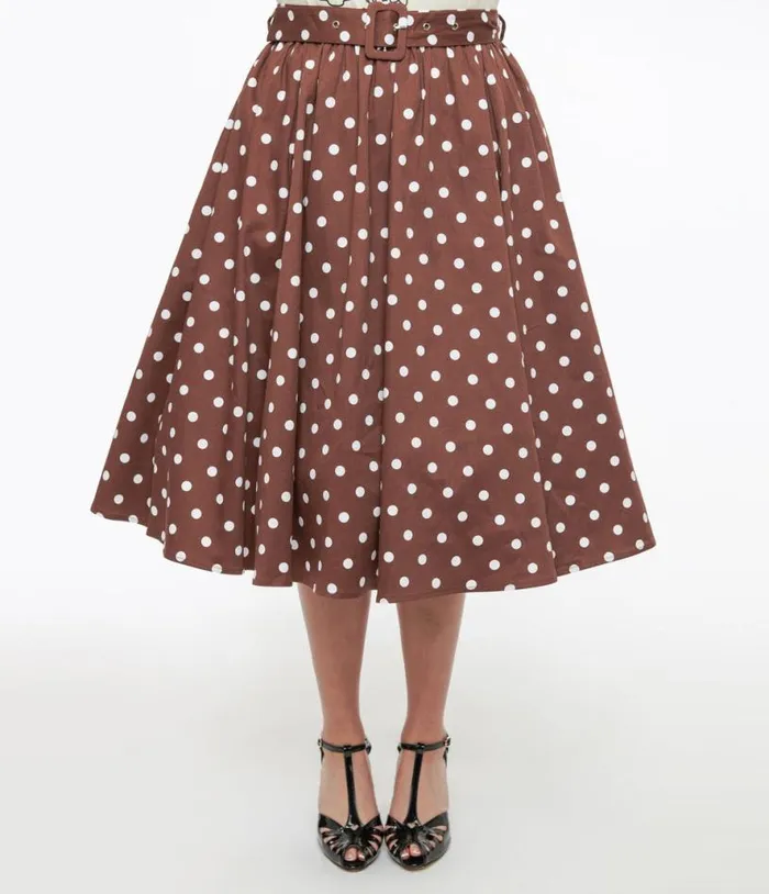 Brown and White Polka Dot Paula Swing Skirt ClothingPlus Unique Vintage Skirts