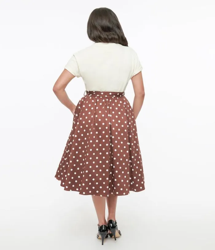 Brown and White Polka Dot Paula Swing Skirt ClothingPlus Unique Vintage Skirts