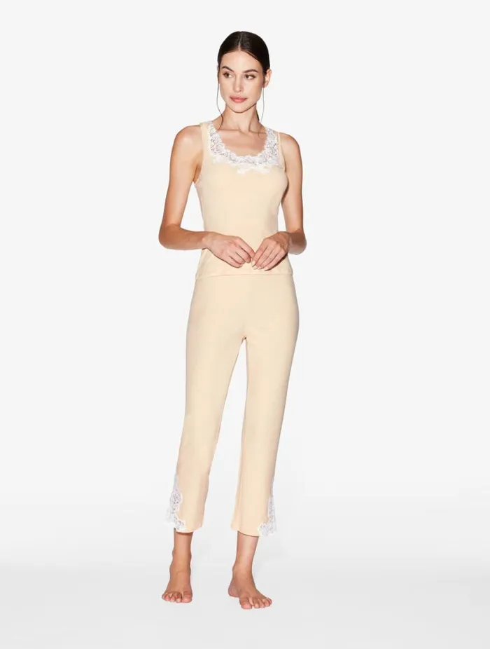 Cashmere Blend Ribbed Trousers In Halo With Frastaglio Sleepwear La Perla Pajamas