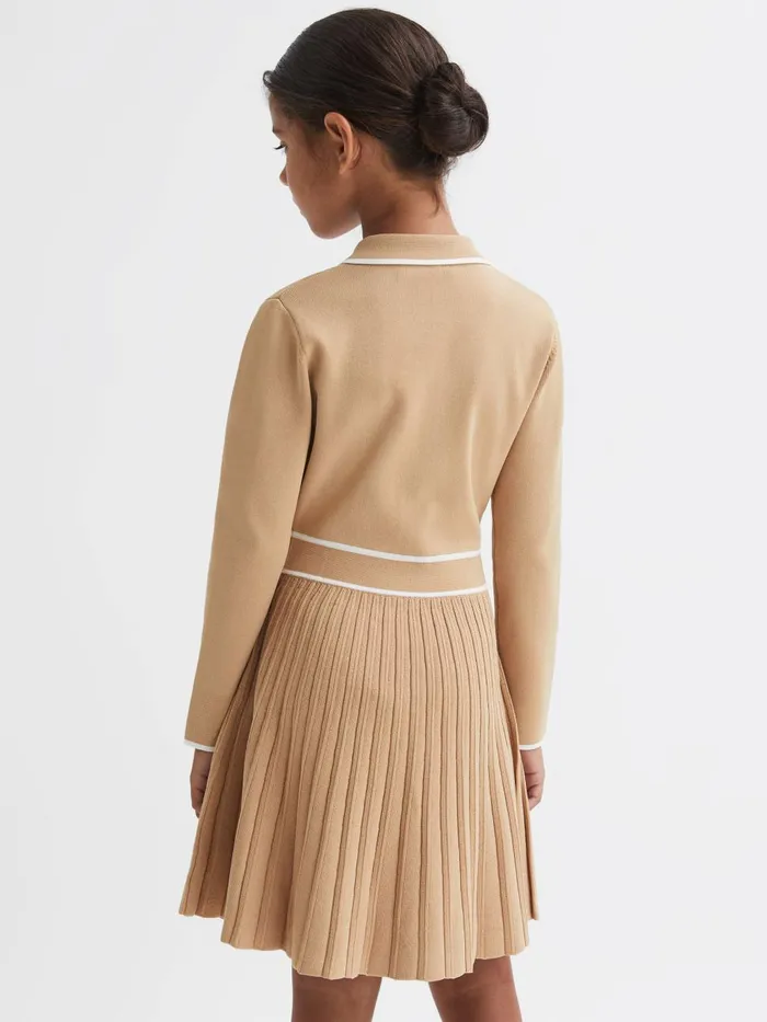 Children Reiss Dresses Mia Knitted Polo Skater Dress Camel