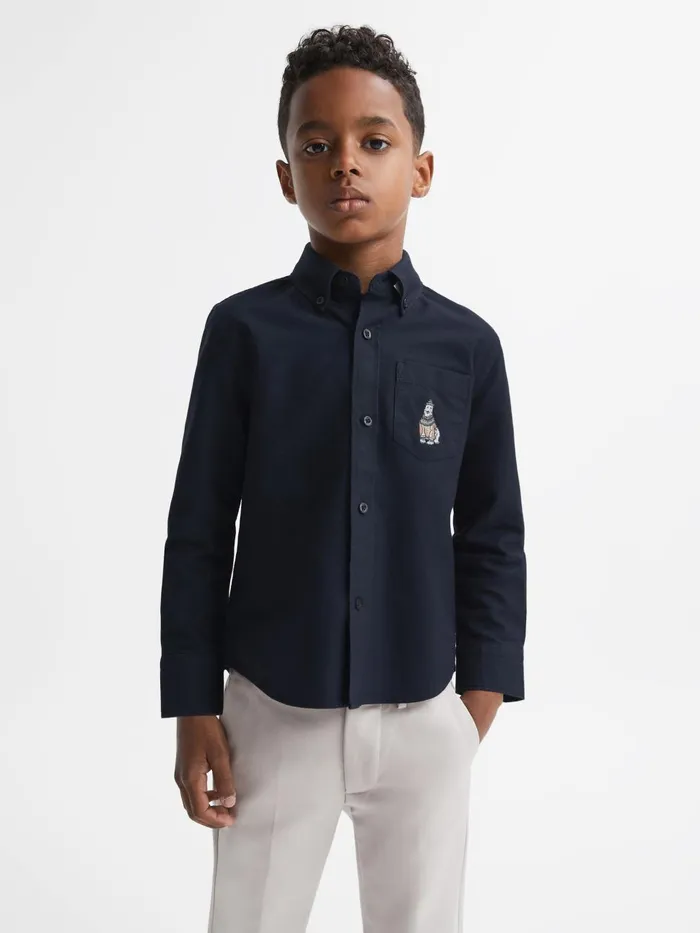 Children Reiss Shirts Matis Slim Fit ButtonDown Collar Motif Shirt Navy