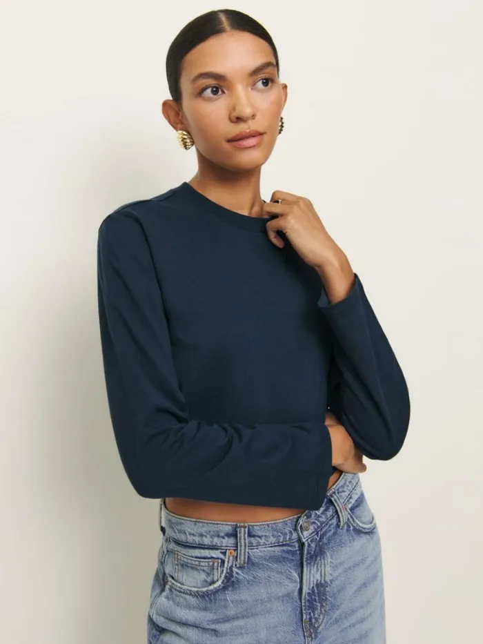 Clothing The Reformation Asher Cropped Oversized Longsleeve Tee Midnight