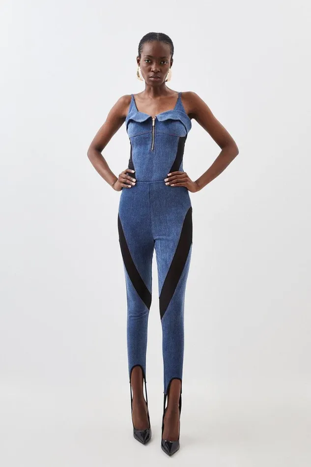 CoOrds Women Karen Millen Stretch Denim And Mesh Zip Set Denim