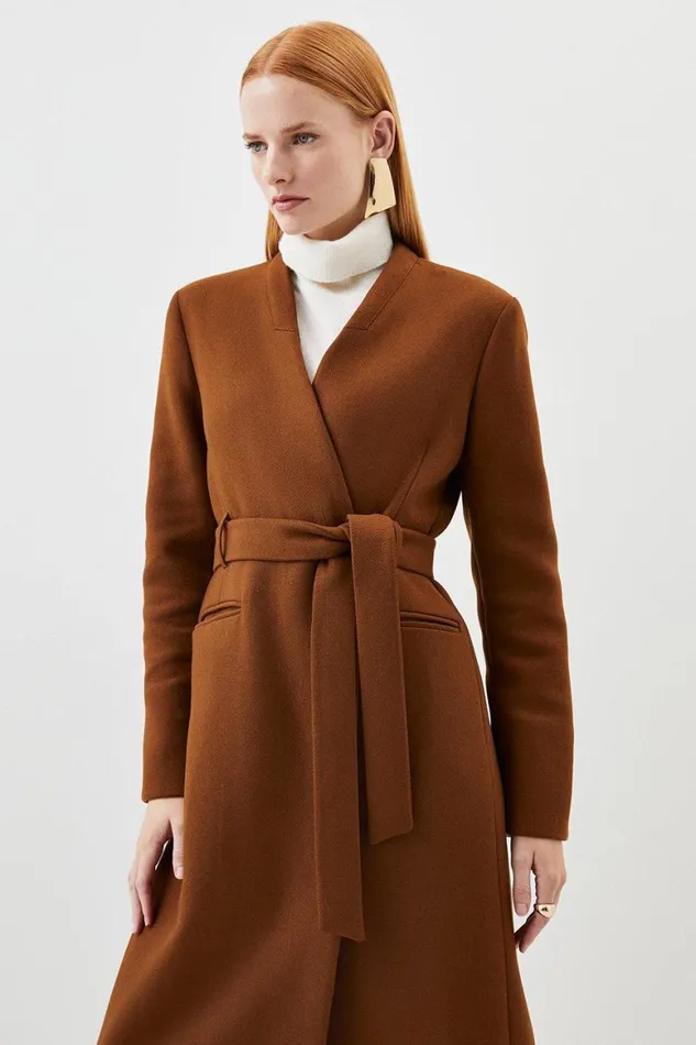 Coats and Jackets Women Karen Millen Italian Manteco Wool Belted Collared Coat Toffee
