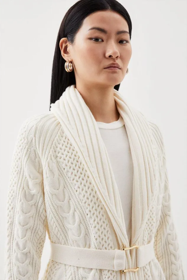 Coats and Jackets Women Karen Millen Viscose Blend Shawl Collar Cable Knit Coatigan Ivory