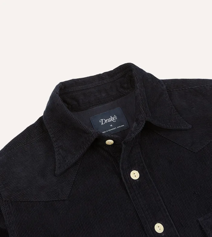 Drake039s Navy Corduroy TwoPocket Western Shirt Men Casual Shirts