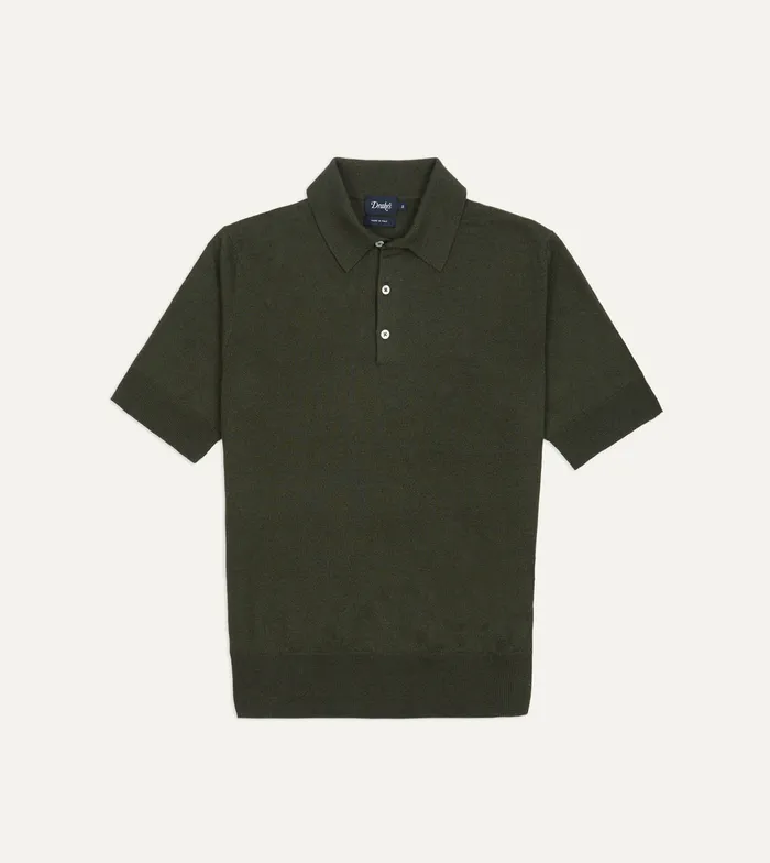 Drake039s Olive Knitted LinenCotton ShortSleeve Polo Shirt Men Knitwear