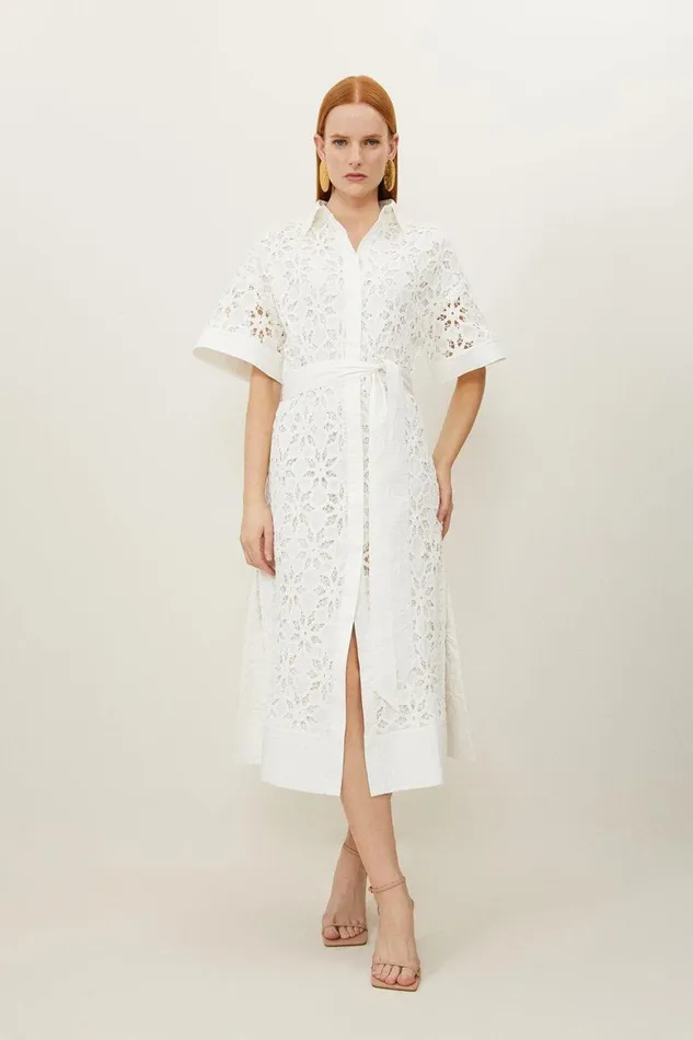 Dresses Women Karen Millen Crafted Cotton Embroidery Woven Shirt Maxi Dress White