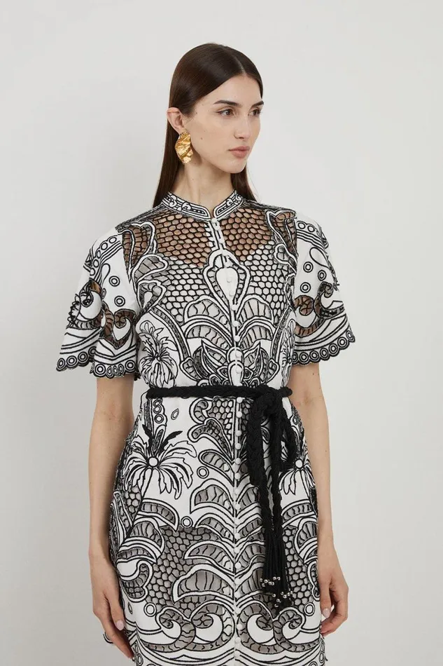 Dresses Women Karen Millen Cutwork Belted Woven Mini Dress Mono