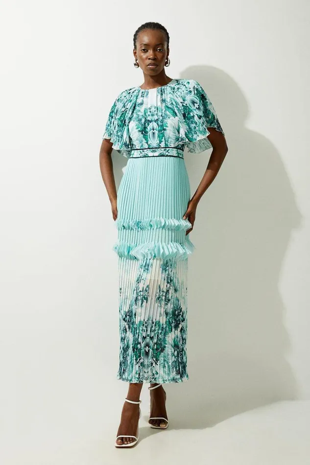 Dresses Women Karen Millen Floral Pleat Detail Woven Midaxi Dress Green