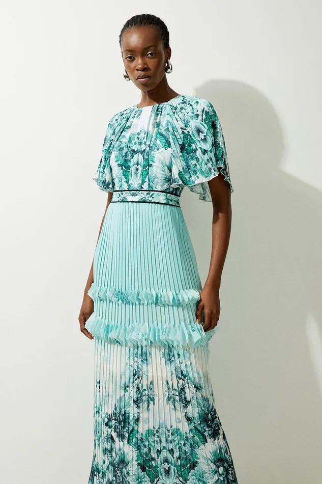 Dresses Women Karen Millen Floral Pleat Detail Woven Midaxi Dress Green